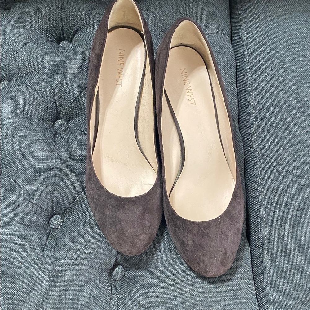 Nine West Woman’s Dark Brown Suede wedge 3” in height.